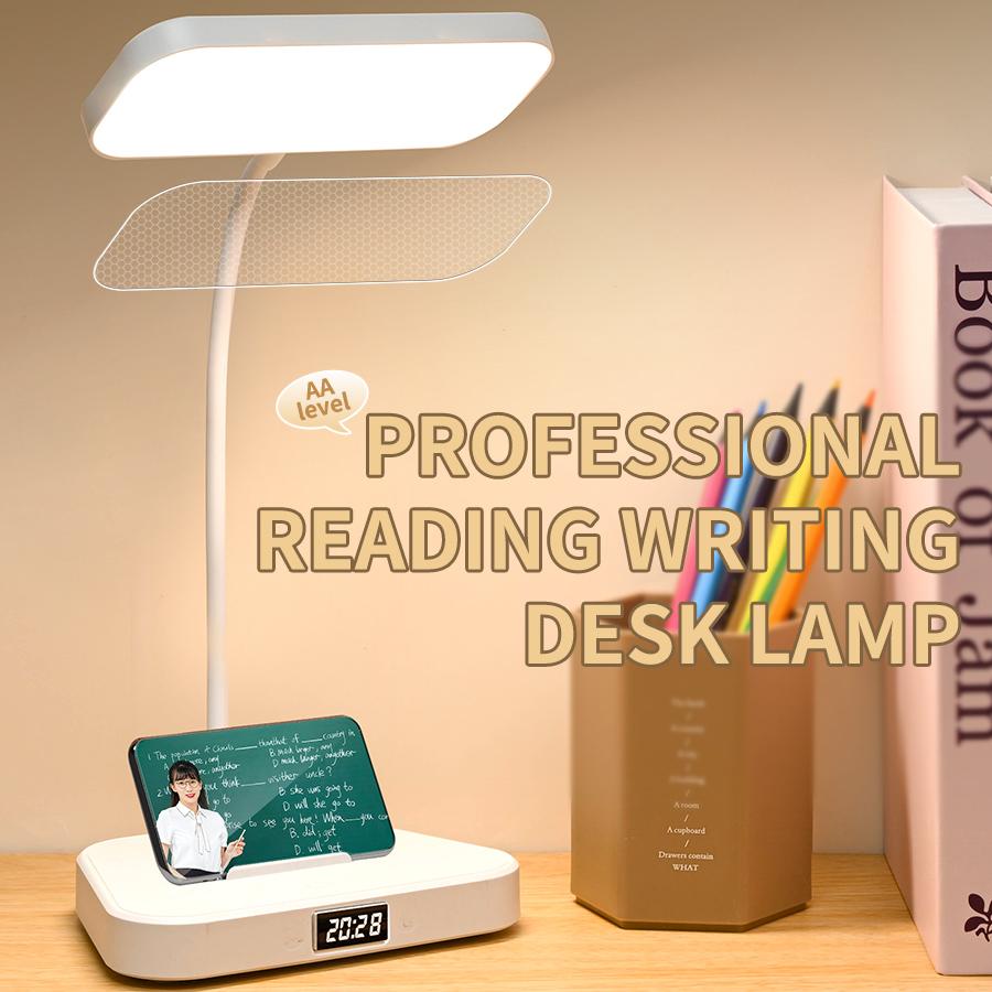Eye protection Desk Lamp, Bedroom Study Room Small Night Light, LED Table Light With Clock
