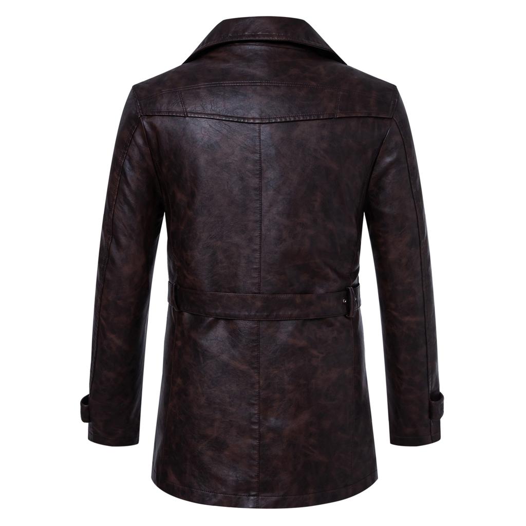 Мужской средний и длинный кожаный тренч Корейская версия костюмный воротник кожаная куртка повседневная тренд поясная куртка мужская