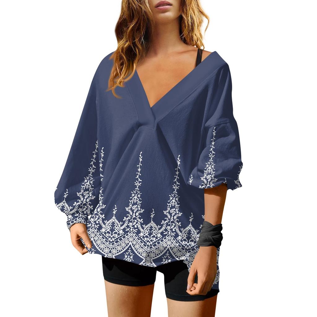 Женская мода V-образный вырез длинный рукав принтованный свободный пуловер свитшот топ