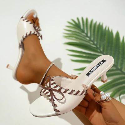 Летние современные женские шлепанцы с открытым носком, смешанные цвета, уличные, с бантом, на тонком каблуке, сандалии для отдыха, домашние тапочки