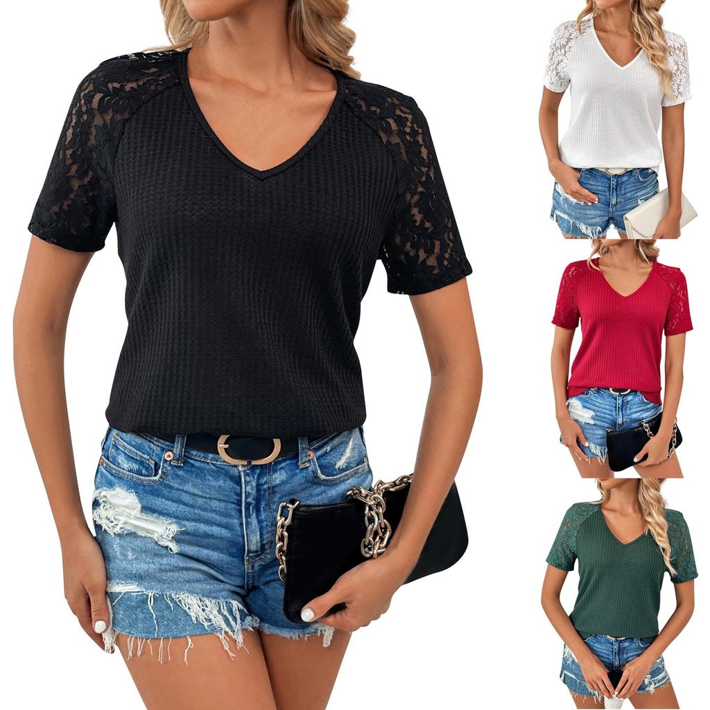 Ladies Casual Fashion Sexy Hollow Lace V-Neck Short Sleeve Top