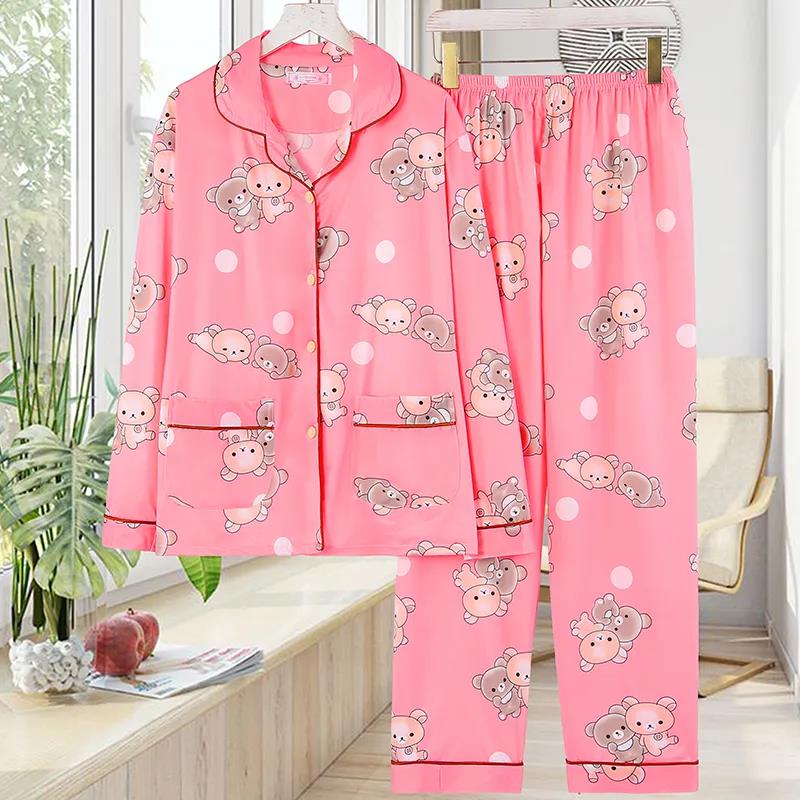 Весенне-осенне-летний хлопковый пижамный костюм для женщин и девочек с милым принтом и большим размером, тонкий домашний костюм с длинными рукавами