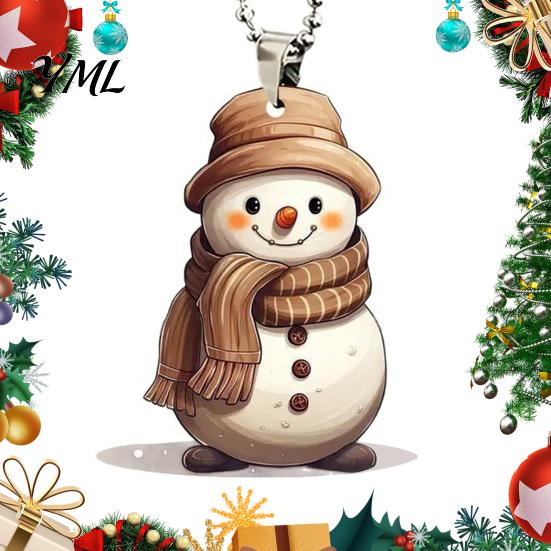 Hand Painted Snowman Keepsake Cute Acrylic Pendant, 2D Flat Car Rearview Mirror Hanging Decoration for Tree with Keychain Ring, Christmas Ornament,
