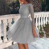 Glitter Starry Tulle Prom Dress for Women Long Sleeve Crew Neck Formal Evening Dress Mesh Cocktail Party Short Dress