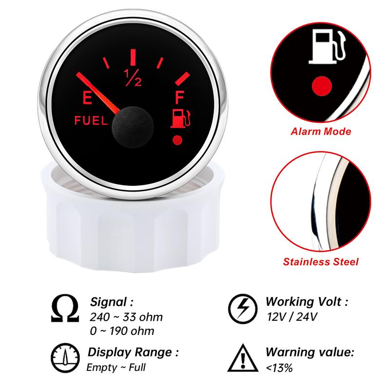 Universal 52MM Fuel Level Gauge 0-190 ohm 240-33 ohm Fuel Level Meter with Alarm For Marine Boat Car Truck 9-32V Oil Indicator