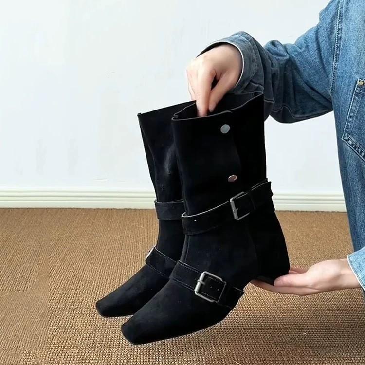 Версия из коровьей кожи~ ретро нишевый темперамент квадратный носок внутренняя высота увеличение ремень с пряжкой ковбойские сапоги вестерн женские складки два способа носки короткие сапоги