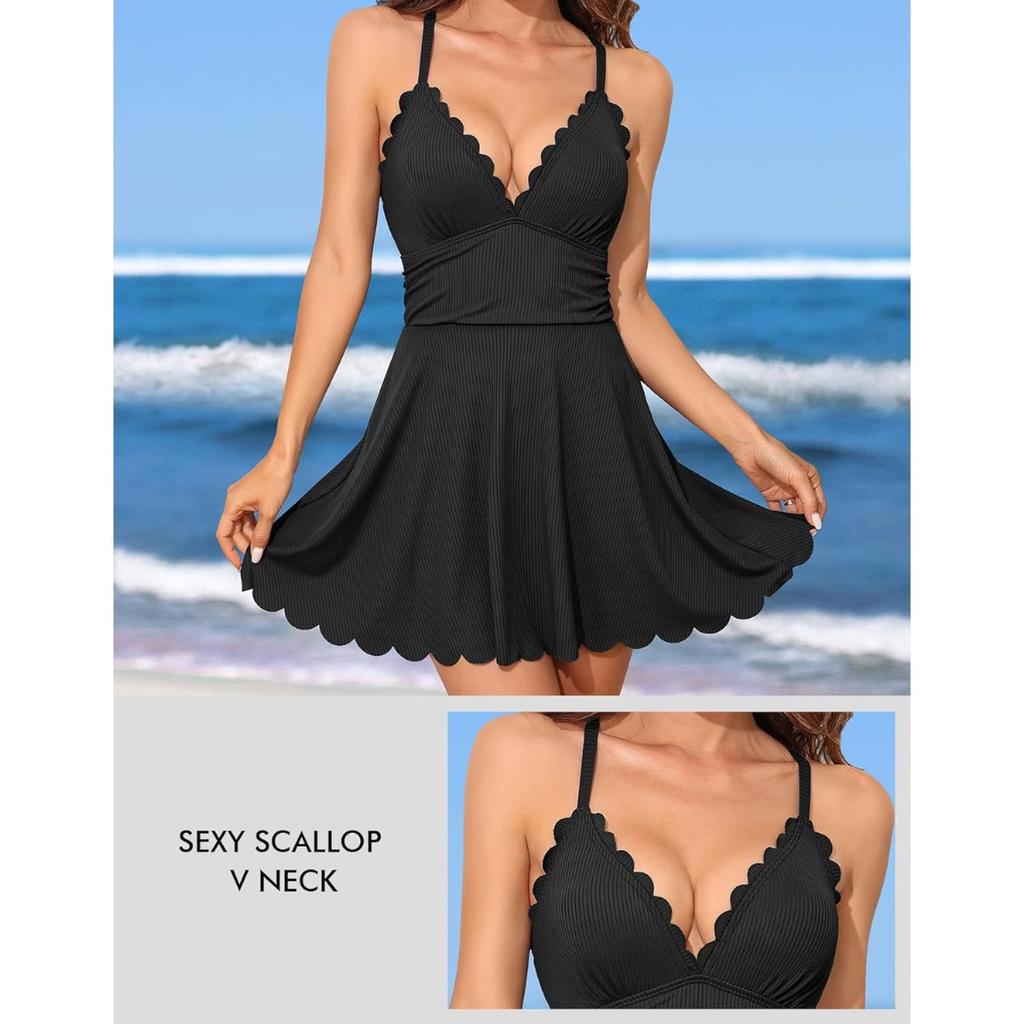 CHARMLEAKS Женский цельный купальник в рубчик, купальник с зубцами, купальник с V-образным вырезом и рюшами, купальный костюм с юбкой