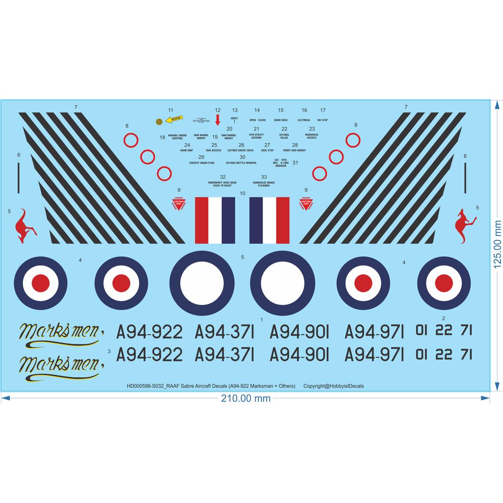 RAAF Sabre Aircraft Decals (A94-922 Marksman + Others) - 1/32 1/48 1/72 - WD - Waterslide, 1/18