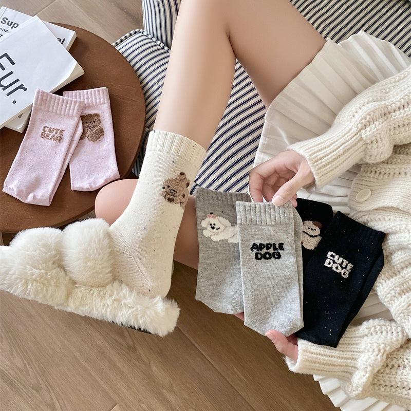Cartoon Animal AB Letter Flocked Socks, Women's Dot Yarn Pile Socks, Pure Cotton Mid-calf Socks