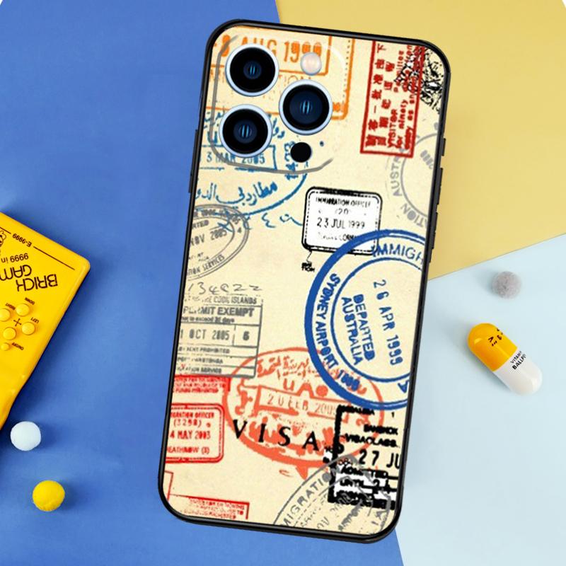 Retro Post Card Passport Stamps Phone Case For iPhone 16 15 13 12 11 14 17 Pro Max 13 mini 16 Plus 16e 17 Air Bumper Cover