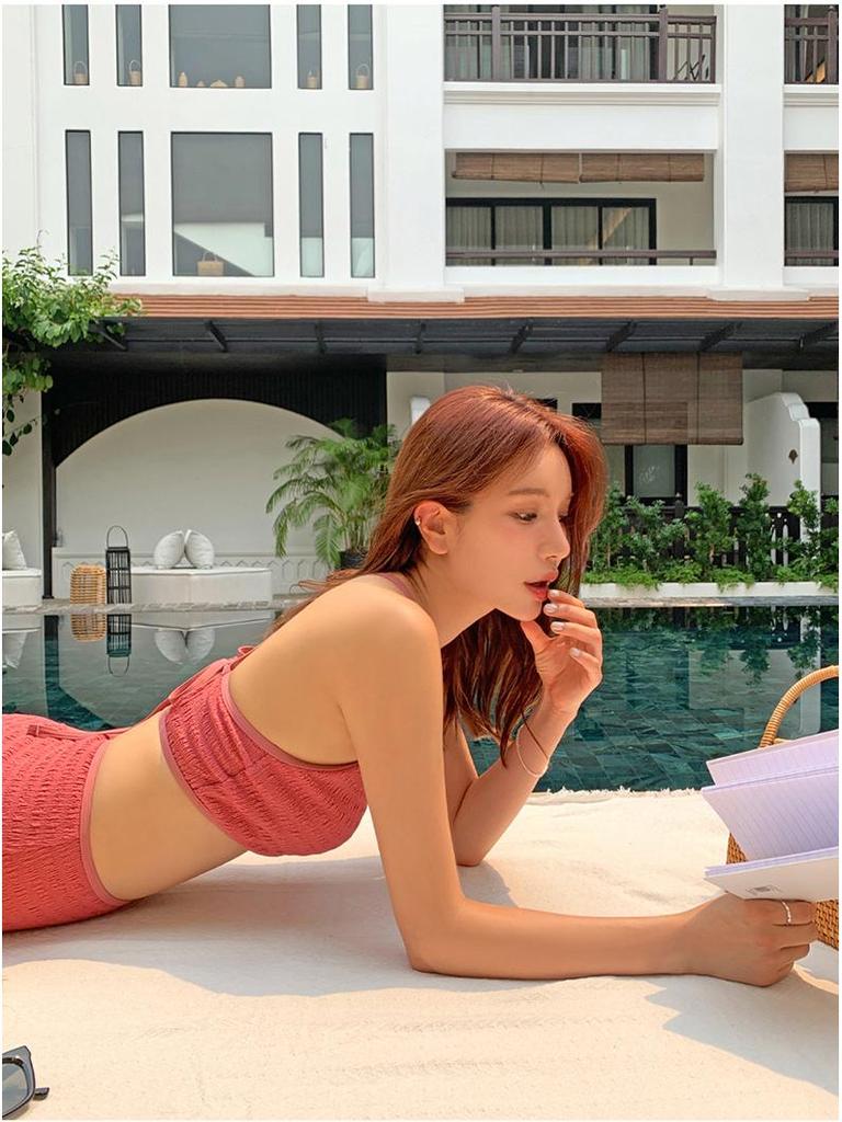 Белый текстурированный купальник бикини в корейском стиле, набор из 3 предметов для пляжа и горячих источников