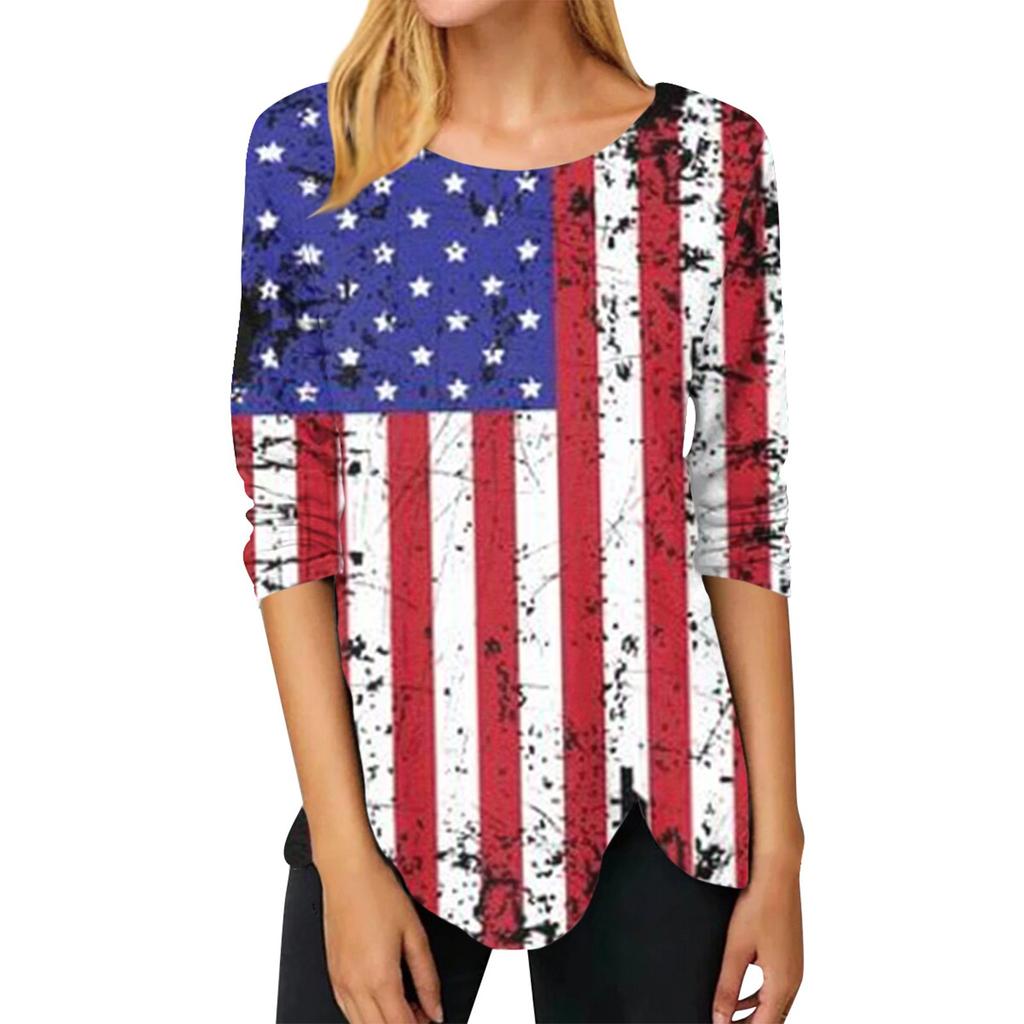 Женская модная повседневная футболка с длинными рукавами и круглым вырезом в честь Дня независимости, нестандартного цвета, футболка с длинными рукавами с принтом, топ