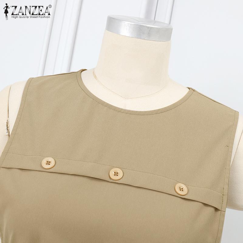 ZANZEA Женский свободный повседневный комбинезон в стиле ретро без рукавов с круглым вырезом, длинное платье