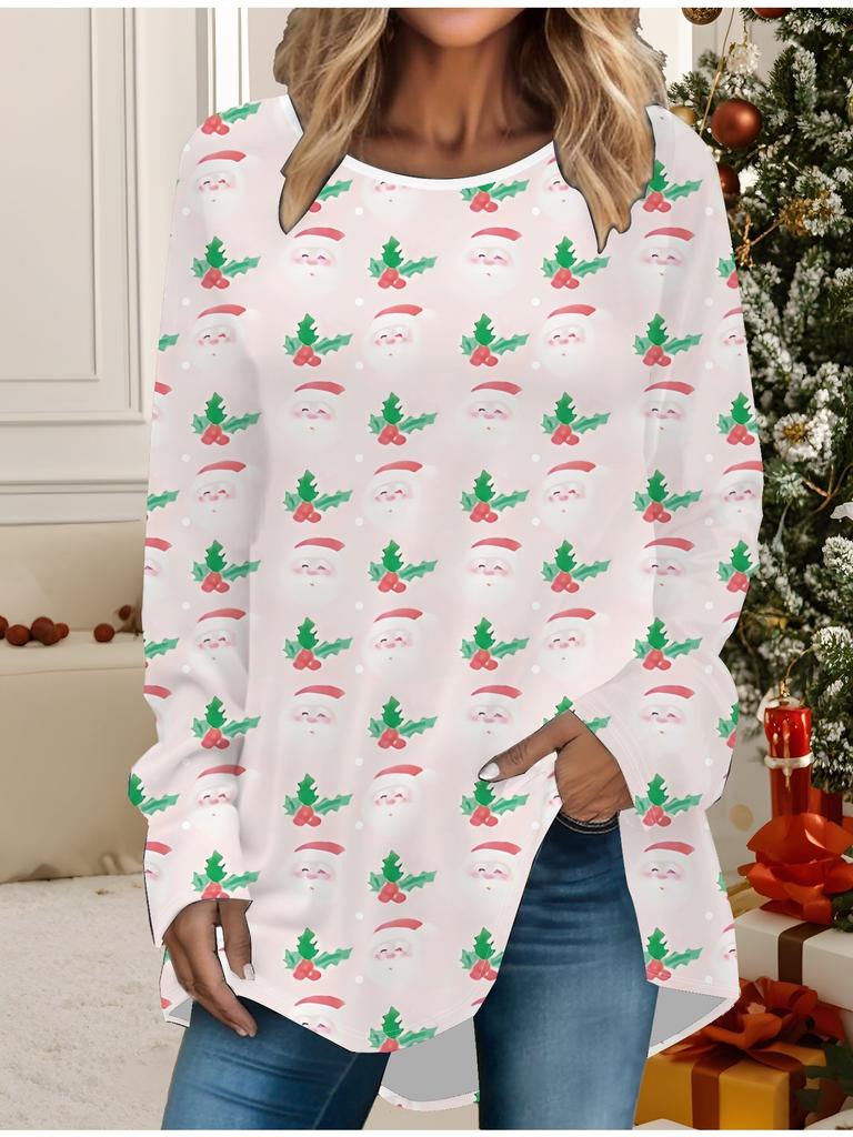 Plus Size Women Spring Christmas Snowman Printed Comfy Long Sleeve Round Collar T-shirt Casual Baggy Mid Length Tee Tops