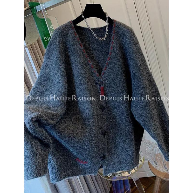 Ленивый Стиль Ретро Ручная Вышивка Большой Свитер Куртка Женский Свободный Весна Осень Толстый Вязаный Кардиган Средней Длины