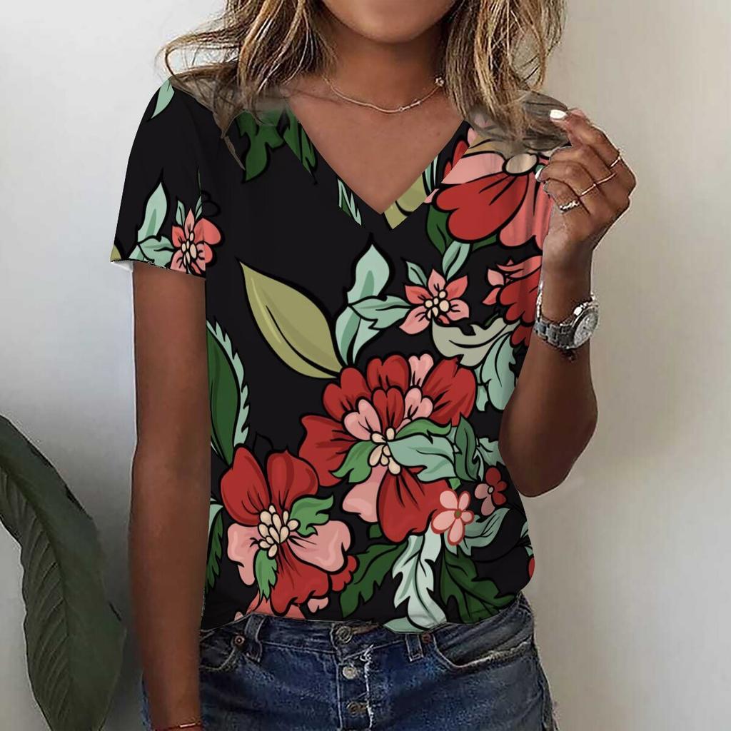 Футболка с 3D-принтом и цветочным принтом в виде тропических листьев, летние женские футболки с V-образным вырезом, топы Y2k, уличная одежда, футболки больших размеров в стиле Харадзюку, женская одежда