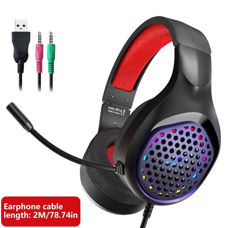 Gaming Headphone with Microphone for PC Corded Noise Cancelling Over Ear Headphone with LED Light for Computer