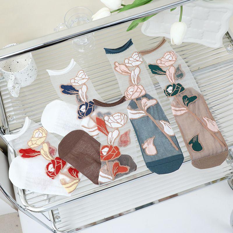 1/3/5/10 пар прозрачных нейлоновых длинных носков, женские летние ультратонкие дышащие шелковые носки с кристаллами, милые кружевные носки с вышивкой и цветочным узором
