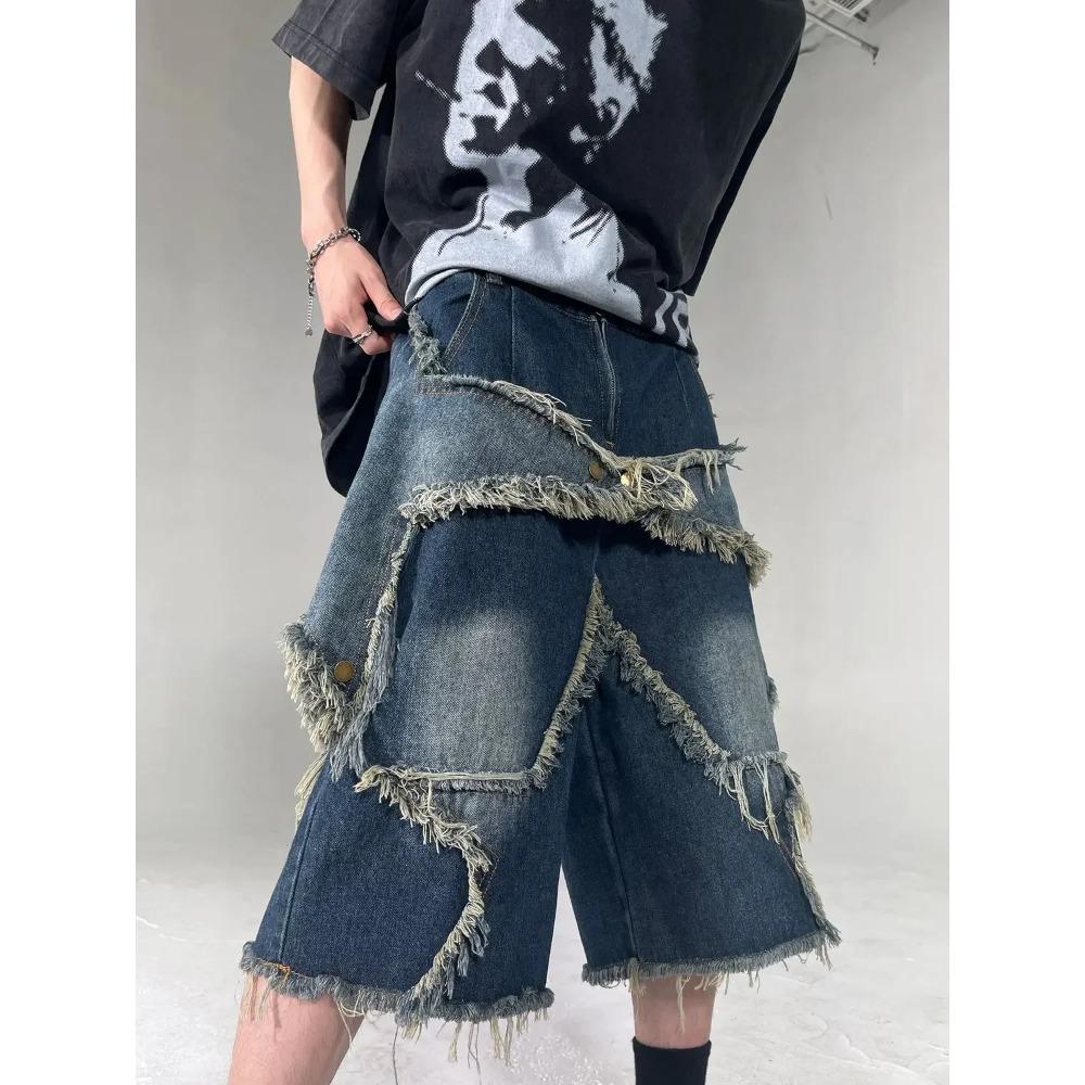 Новые мужские джинсовые шорты High Street Retro с нашивкой Star Tassel и кисточками, свободные и повседневные брюки для пар в стиле хип-хоп, спортивные спортивные штаны