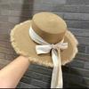 Hairy Straw Hat Summer Flat Top Sun Protection Travel Sun Hat Bow Tie Vacation Straw Hat