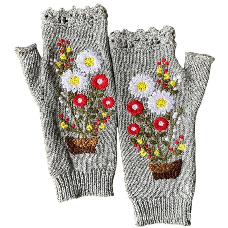 Cartoon Embroidered Hand Gloves Stretchy Knitted Mittens Fingerless Hand Warmer Flower Embroidery Half Finger Mittens