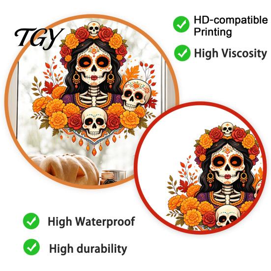 Decorative Window Film for Parties Day of The Dead Clings, Dia De Los Muertos Sticker, Colorful Removable Holiday Glass Clings Sugar Skull with