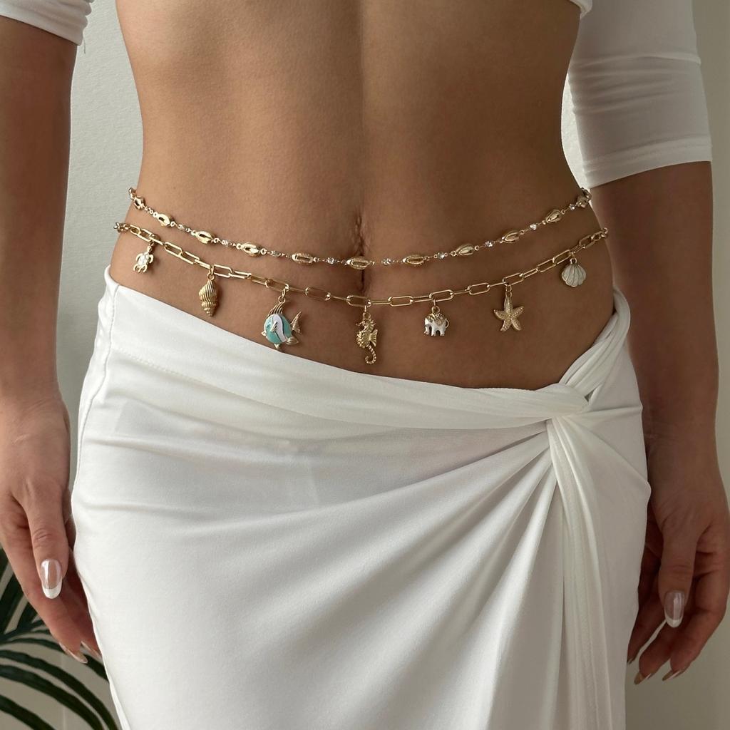Summer Fish Seahorse Elephant Turtle Starfish Shell Spliced Waist Chain For Women Men Fishtail Octopus Belly Chain Body Jewelry