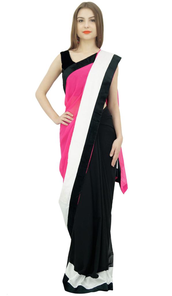 Atasi Women's Solid Pink Designer Georgette Saree With Unstitched Blouse