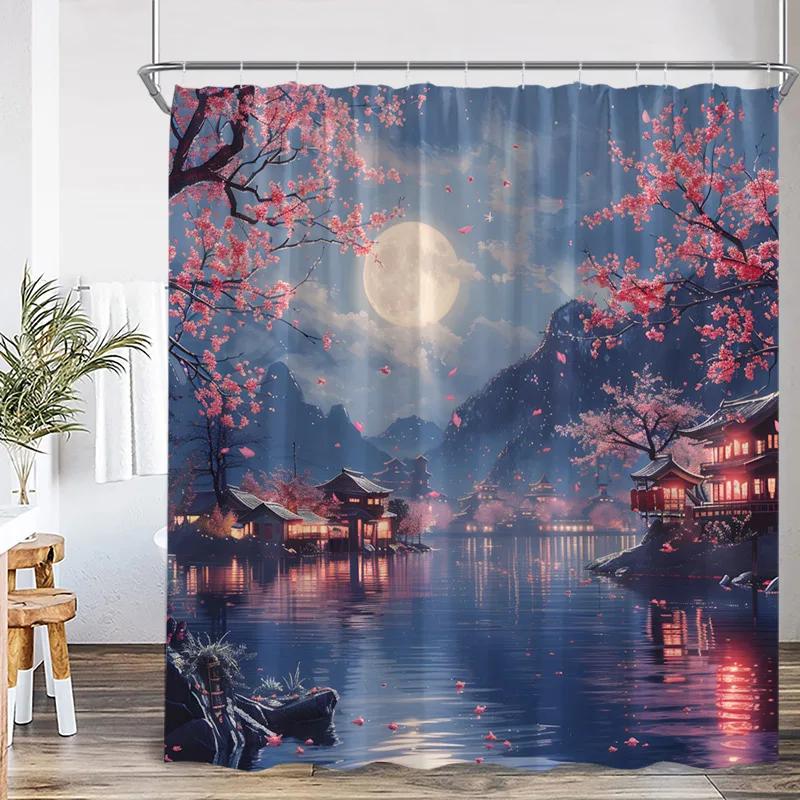 Japanese Landscape Shower Curtains Pink Cherry Blossom Mountain Lake Night Scenery Polyester Fabric Home Bathroom Curtain Decor