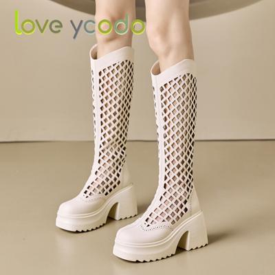 Женские летние модные кожаные сандалии на полом каблуке, высокие кожаные сапоги до колена для девочек