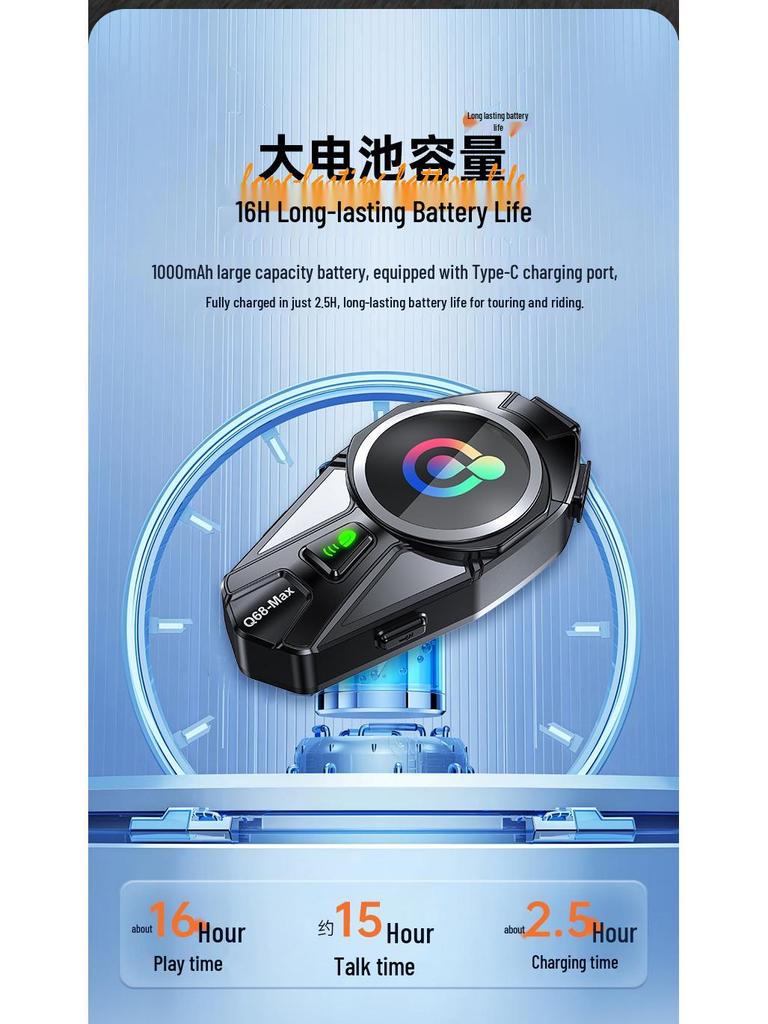 Bluetooth-гарнитура для шлема Q68MAX с FM-интеркомом, функцией совместного прослушивания музыки и полноцветным экраном.