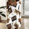Women Plus Size Long Sleeve Scallop Neck Leopard Pear Printed White Dress
