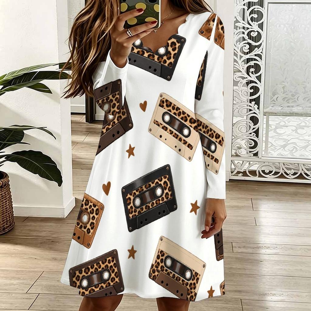 Women Plus Size Long Sleeve Scallop Neck Leopard Pear Printed White Dress
