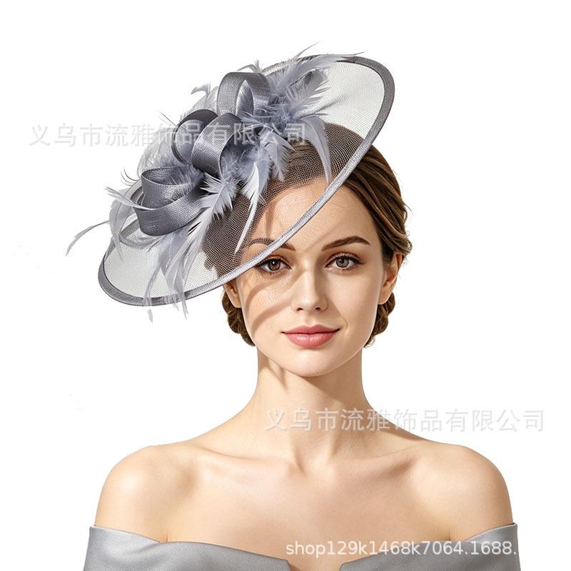 Vintage Bridal Mesh Headdress Feather Head Flower Headdress Top Hat Wedding Dress with Racing Party Headdress