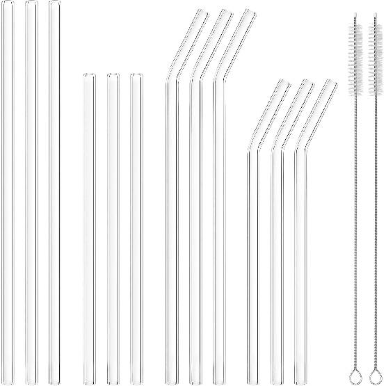 12 Pcs Reble Glass Straws - Size 10.5"x8mm,8.5"x8mm,Including 6 Straight and 6 Bent Clear Glass Straws with 2 Cleaning Brush for for Smoothies,