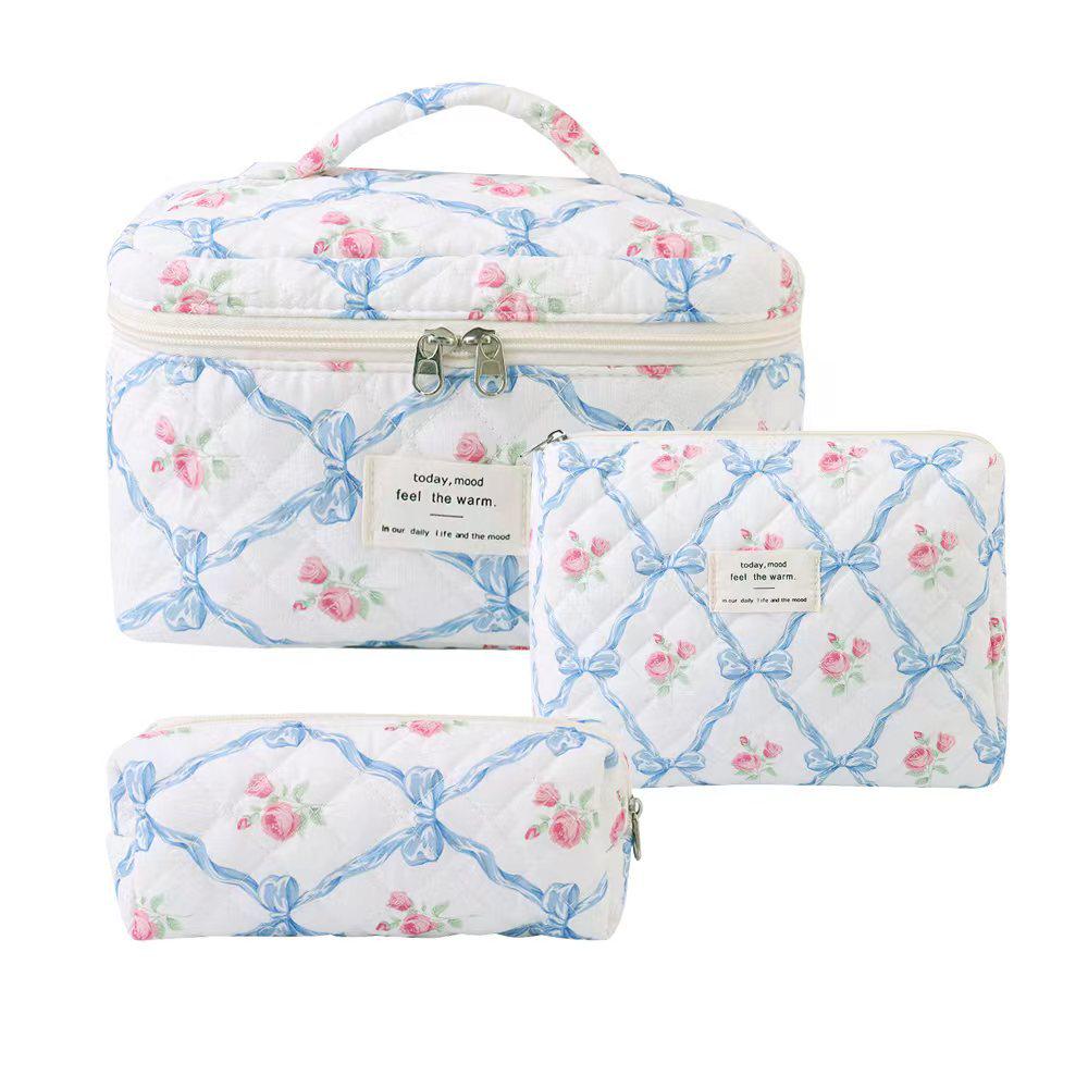 Косметичка из стеганого хлопка с цветочным принтом большой вместимости - Портативная и милая для путешествий или для студенток