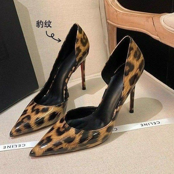 Red-soled Leopard Print High Heels 2025 Summer New Side Air Sexy Pointed Head Shallow Mouth Nightclub Royal Sister Temperament Single Shoes Women