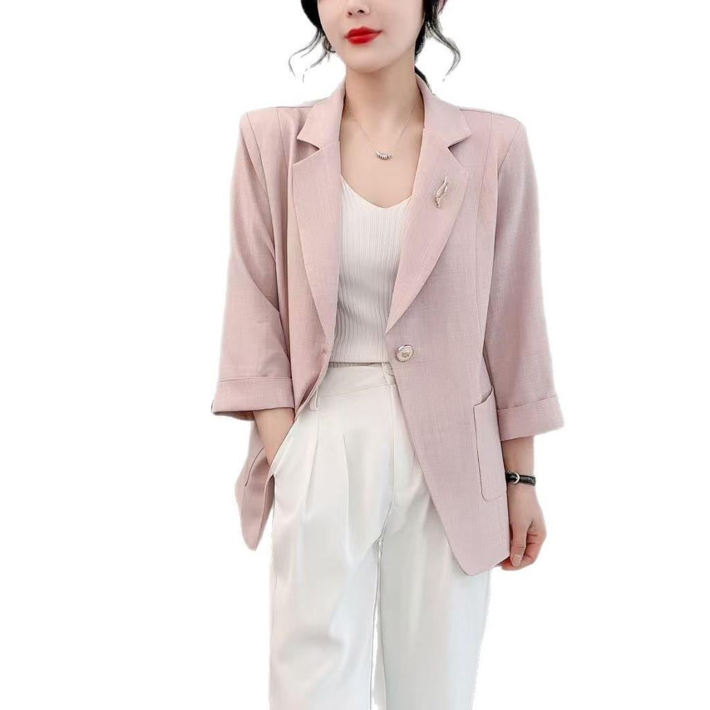 Женский розовый повседневный блейзер 2025 - Летний тонкий, Высококачественный, Маленький размер, Рукав семь восьмых