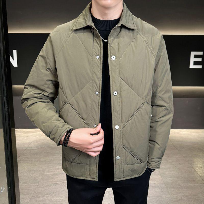 Мужская легкая клетчатая пуховая куртка в корейском стиле с отложным воротником