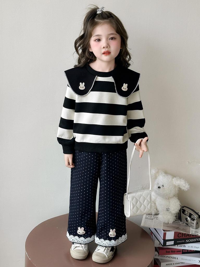 Girls' Striped Doll Collar Sweatshirt & Polka Dot Pants Set - Spring/Autumn 2025 Fashion for Small/Medium Children