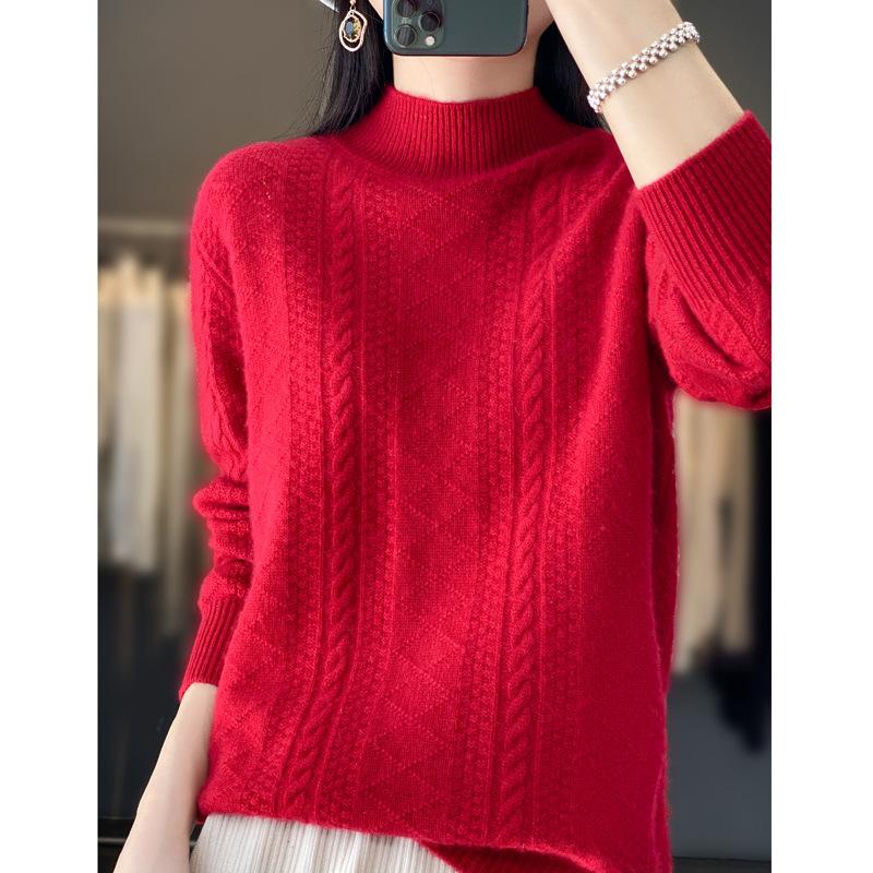 Свитер из жаккардовой шерсти с высоким воротом и вертикальной полоской - Модный трикотаж из кашемира с кабельным узором