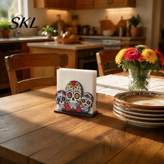 Table Paper Towel Stand Day of The Dead Wooden Skull Napkin Holder, Decorative Floral Tissue Dispenser, Restaurant Decor Dia De Los Muertos Holder for