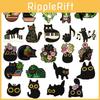 Adorable Cartoon Black Cat Combination Brooch Set With Charming Floral And Plant Designs