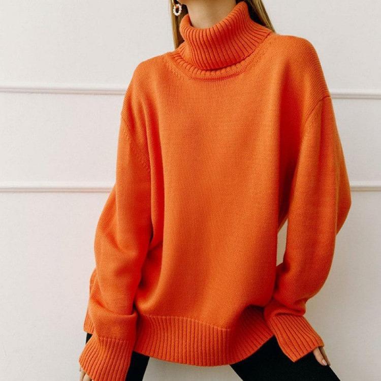 Свободный вязаный свитер женский однотонный с длинным рукавом пуловер с полувысоким воротником топы осенне-зимняя мода