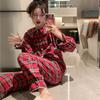 Red Plaid Pajamas for Women Sweet Lace Design Home Pant Collar Tender Girlish Sleepwear