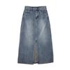 Women Retro Midi Skirt High Waist Button-Zipper Closure Denim Skirt Multi Pockets Front Slit Design Washed Denim Skirt