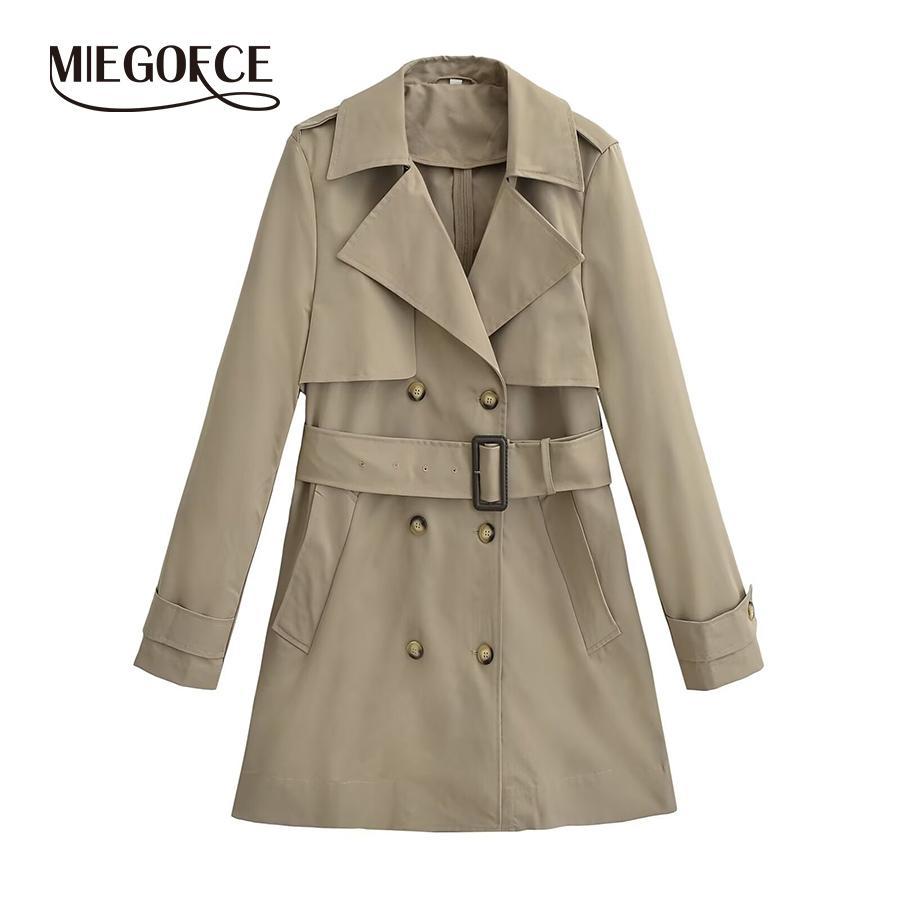 MIEGOFCE 2024 Женская весна-осень двубортный длинный тренчкот с лацканами, однотонная повседневная ветровка в британском стиле с поясом F25003