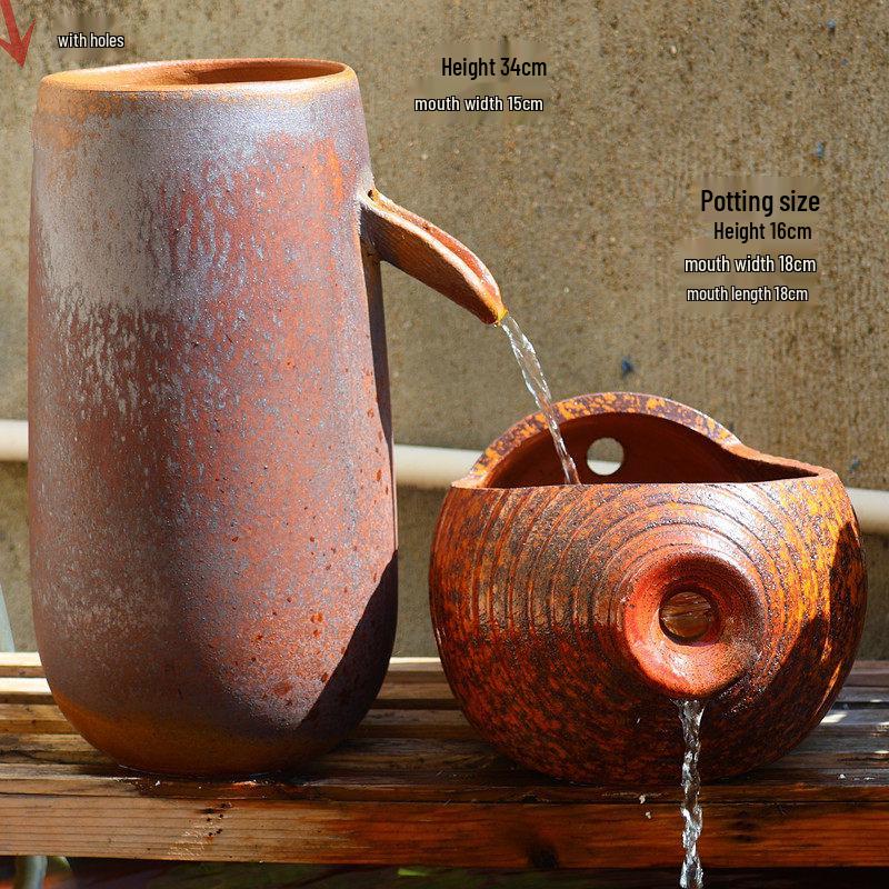Retro Hydroponic Ceramic Flower Pot with Water Circulation, Courtyard Fish Tank, and Decorative Flowing Water Ornaments.