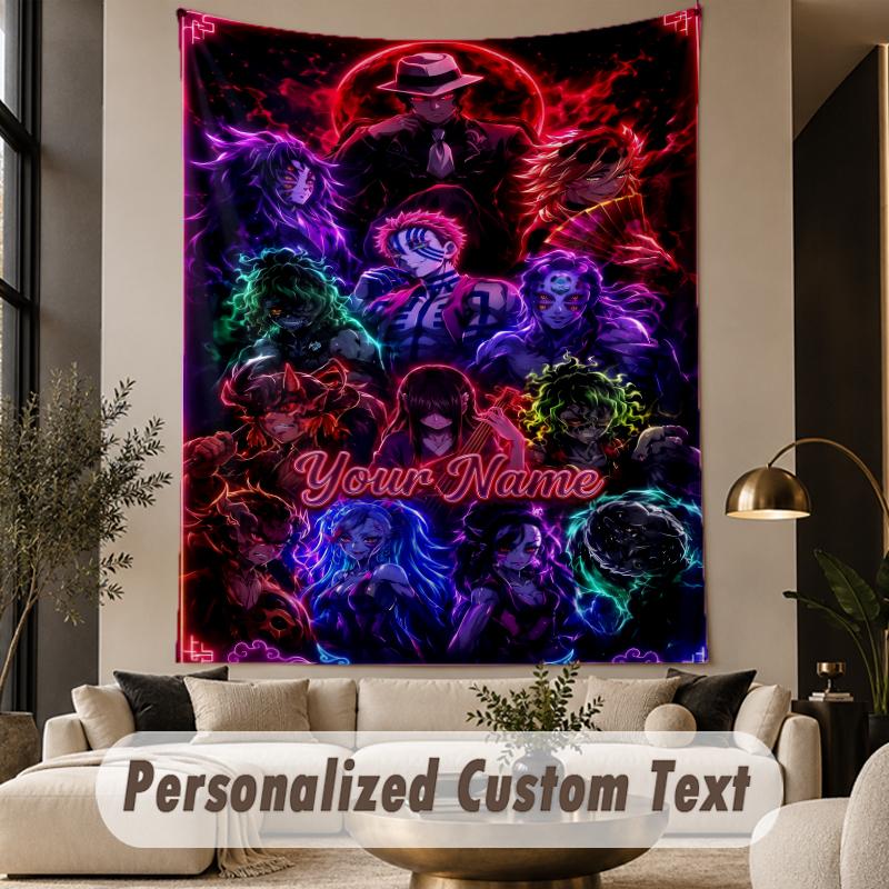 Custom Text Printed Tapestry Demon Slayer Pattern Large Wall Hanging Indoor Room Decor