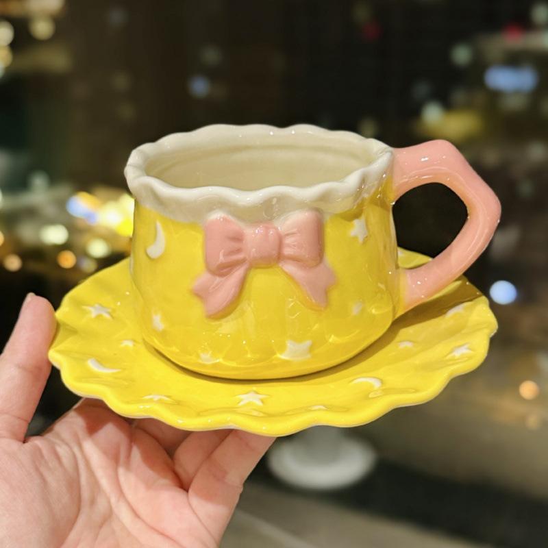 Small Fresh Starry Sky Cup and Saucer Ceramic Coffee Cup Office Girl Heart Bow Afternoon Tea Cup and Saucer Souvenir